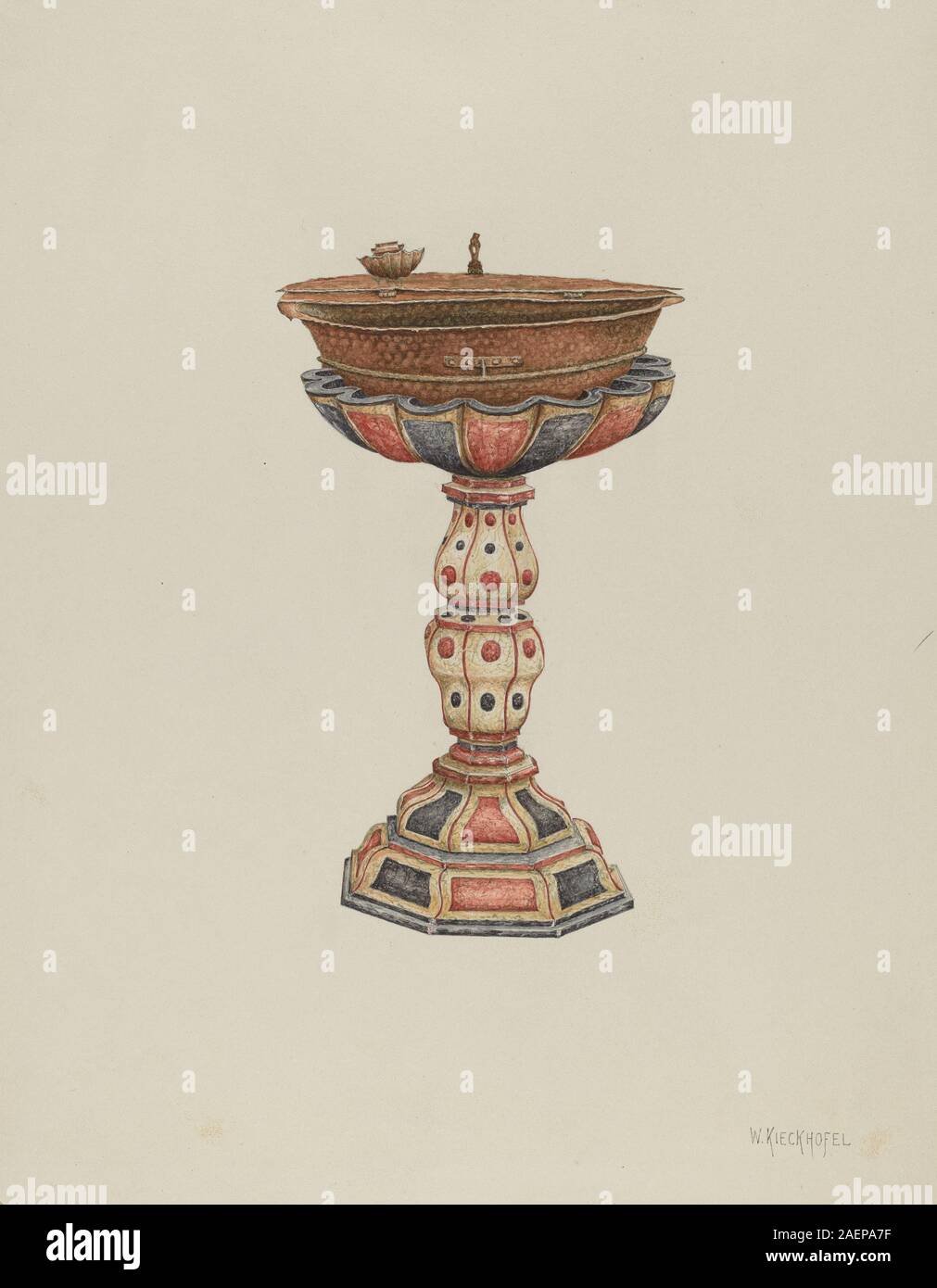 Circa 1939 fonte battesimale e stand di William Kieckhofel, con costruzioni in legno, lavabo, piedistallo di sostegno, intagli decorativi, finitura superficiale e uso funzionale per cerimonie religiose. Foto Stock