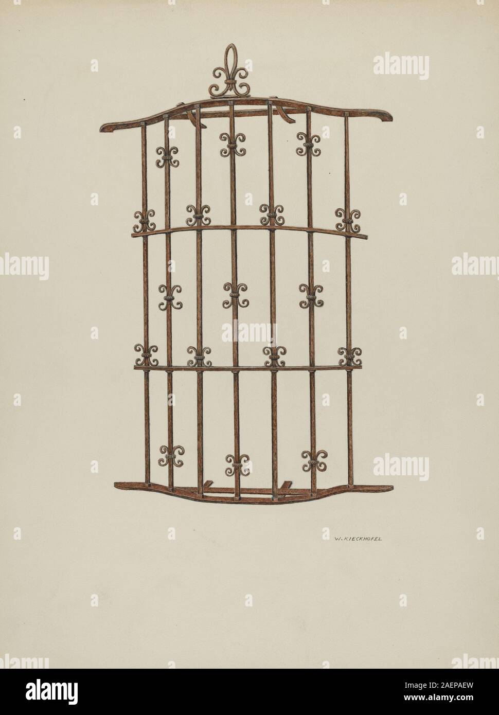 Iron Grille at Window, creata da William Kieckhofel nel 1941, è un elemento architettonico in metallo progettato per la sicurezza e la decorazione. Il disegno enfatizza la struttura, il materiale, la cura artigianale e i dettagli di design. Foto Stock