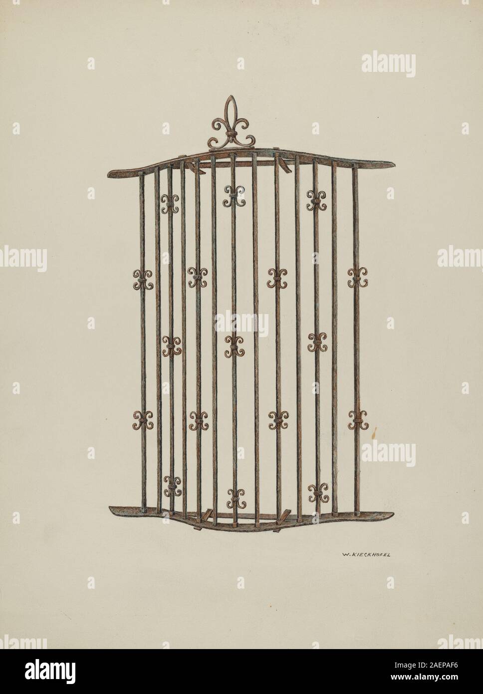 Iron Grille at Window, disegno di restauro di William Kieckhofel nel 1941, raffigura una dettagliata griglia in metallo architettonico progettata per la sicurezza e la decorazione delle finestre. Il disegno enfatizza la struttura, il materiale, il design e l'artigianalità. Foto Stock
