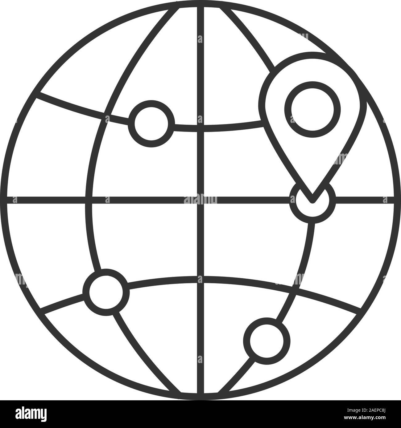 Le destinazioni dei voli icona lineare. Di Viaggio in tutto il mondo le posizioni. Linea sottile illustrazione. Modello globo con punti di percorso e mappa individuare. Simbolo di contorno. V Illustrazione Vettoriale