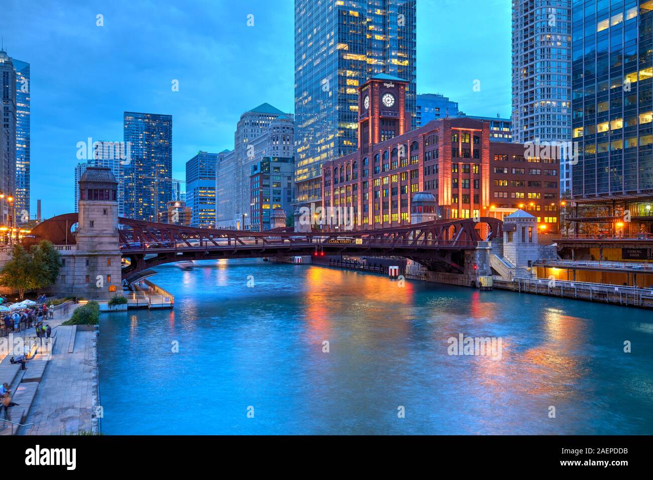 Reid edificio Murdoch e Clark Street Ponte sul Fiume di Chicago, Chicago, Illinois, Stati Uniti Foto Stock