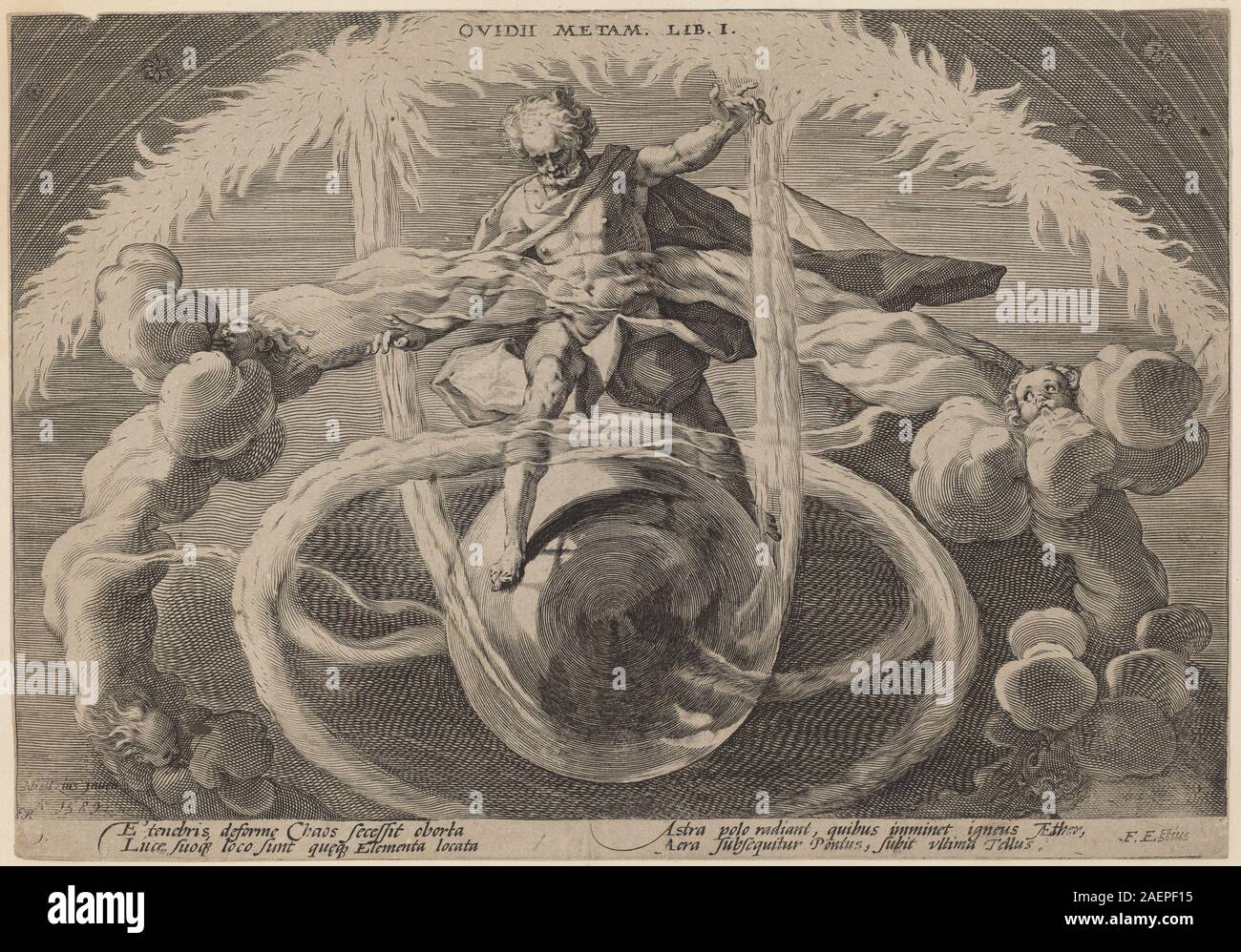 Incisione del laboratorio di Hendrick Goltzius dopo il 1589 raffigurante caos, figure, elementi, cielo, acqua, fuoco, terra e stile di incisione olandese del tardo XVI secolo. Foto Stock