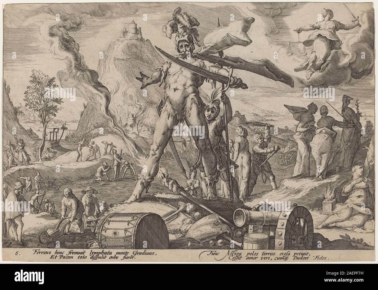 Incisione del laboratorio di Hendrick Goltzius dopo il 1589 raffigurante l'età del ferro, con figure, armature, attrezzi, paesaggi, e alla fine del XVI secolo in stile olandese. Foto Stock