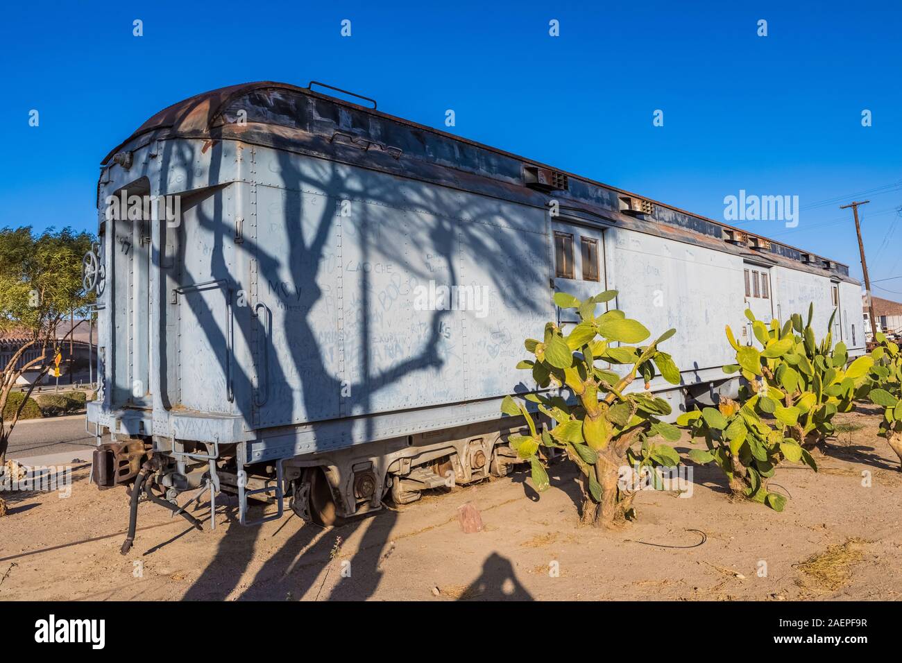 Corsa di cavalli vagone ferroviario sul display in America occidentale Museo Ferroviario presso l'Harvey House Railroad Depot vicino alla Route 66 in Barstow, California, Stati Uniti d'America [n. Foto Stock