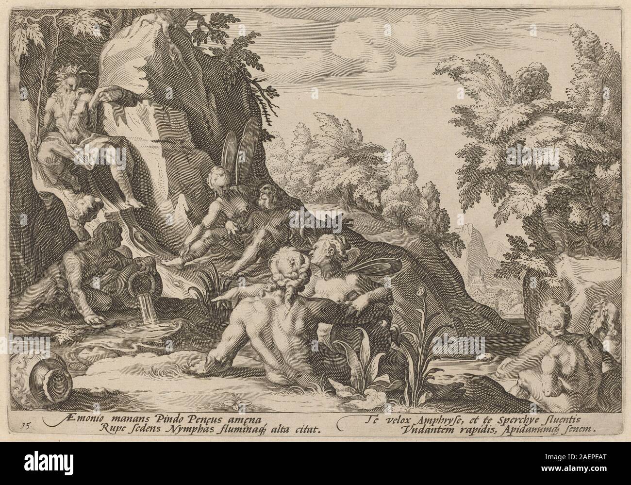 Workshop di Hendrick Goltzius, dopo Hendrick Goltzius, il fiume Dio Peneus circondato da altre divinità, 1589, il fiume Dio Peneus circondato da altre divinità; 1589 data Foto Stock