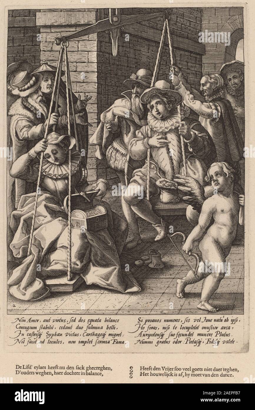 Una stampa del 1592 circa dalla bottega di Hendrick Goltzius dopo Karel van Mander i raffigurante le scale del matrimonio, mostrando figure allegoriche, bilance, tema mitologico e tecniche di incisione olandesi del tardo XVI secolo. Foto Stock