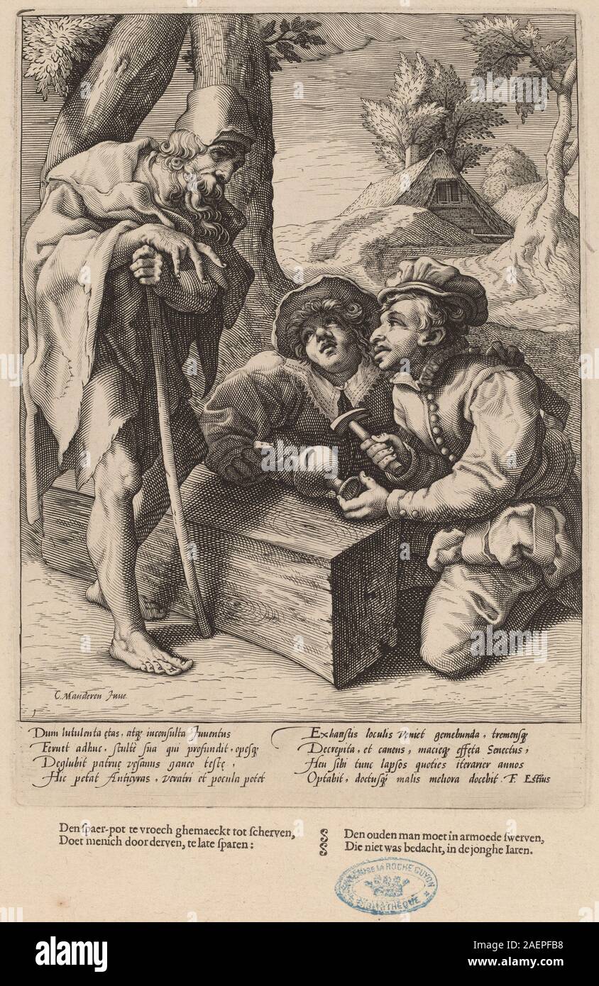Creata intorno al 1592 nella bottega di Hendrick Goltzius dopo Karel van Mander i, questa stampa illustra la lezione morale "non spendere troppo presto i tuoi risparmi", che mostra figure umane, gesti, oggetti domestici e equilibrio compositivo caratteristico dell'incisione olandese del tardo XVI secolo. Foto Stock