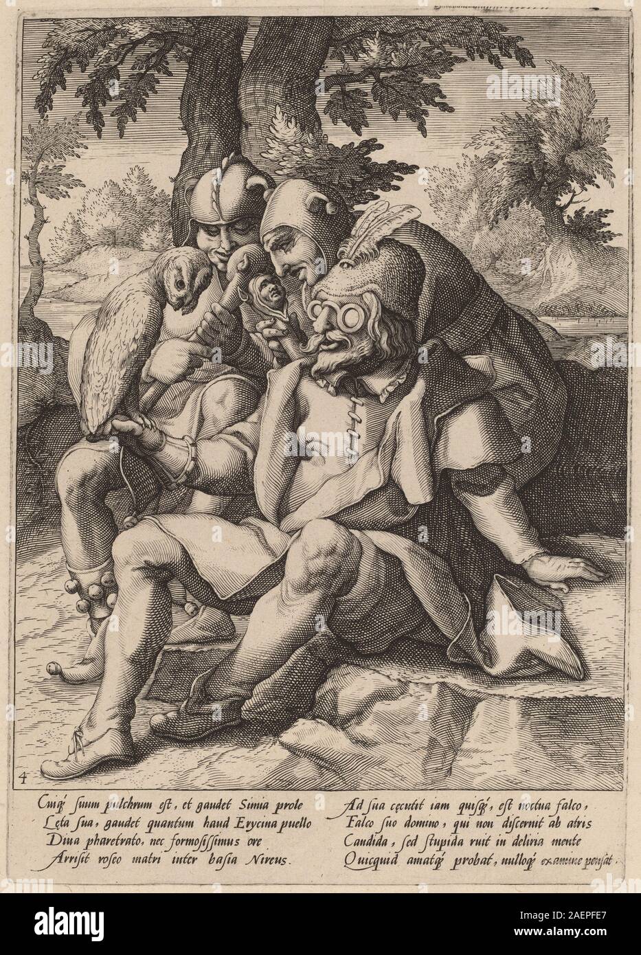 Un'incisione del laboratorio di Hendrick Goltzius su Karel van Mander i, datata intorno al 1592, raffigurante una scena che illustra la follia degli sciocchi, con figure, gesti ed elementi allegorici tipici dell'arte olandese del tardo XVI secolo. Foto Stock