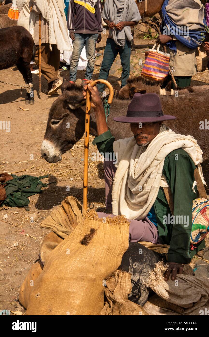 Etiopia, Amhara Region, Dabat, piccolo mercato locale, l'uomo con bastone indossando cappello in feltro appoggiato accanto a donkey Foto Stock