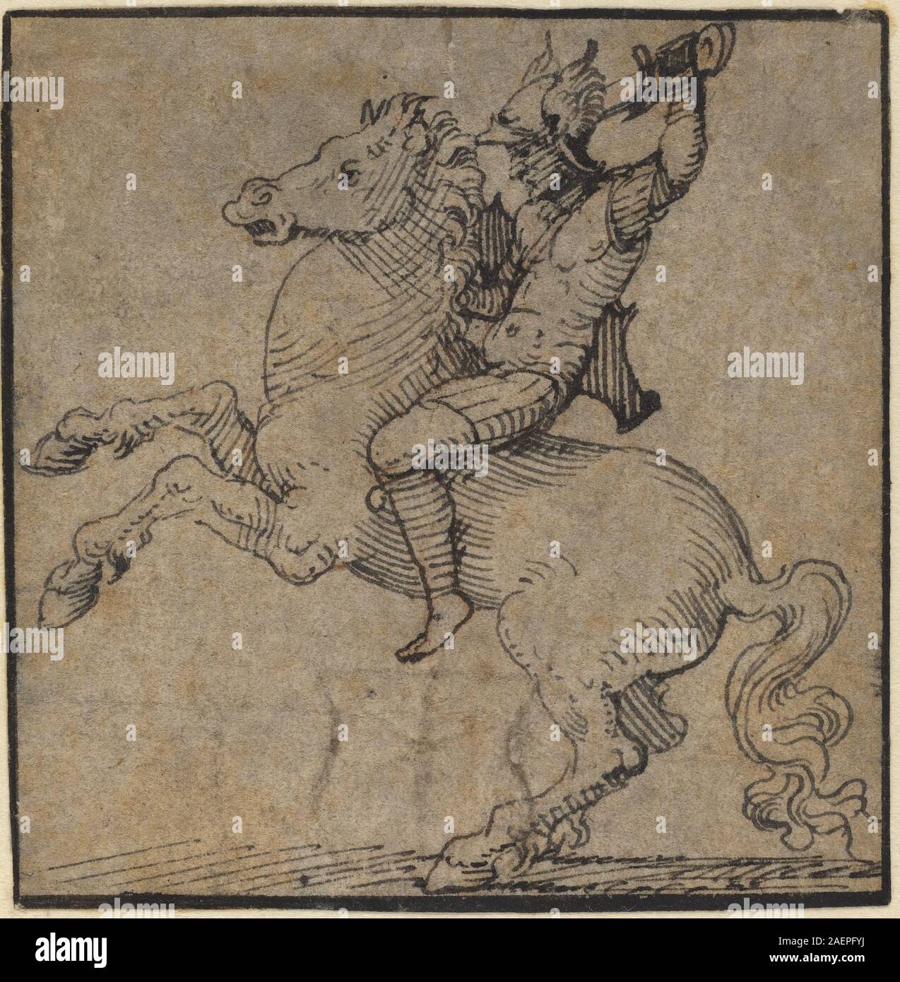 Workshop di Peter Vischer il giovane guerriero in armatura rinascimentale in un allevamento di cavalli, c 1530-1540, guerriero in armatura rinascimentale in un allevamento di cavallo; c. 1530/1540 Foto Stock