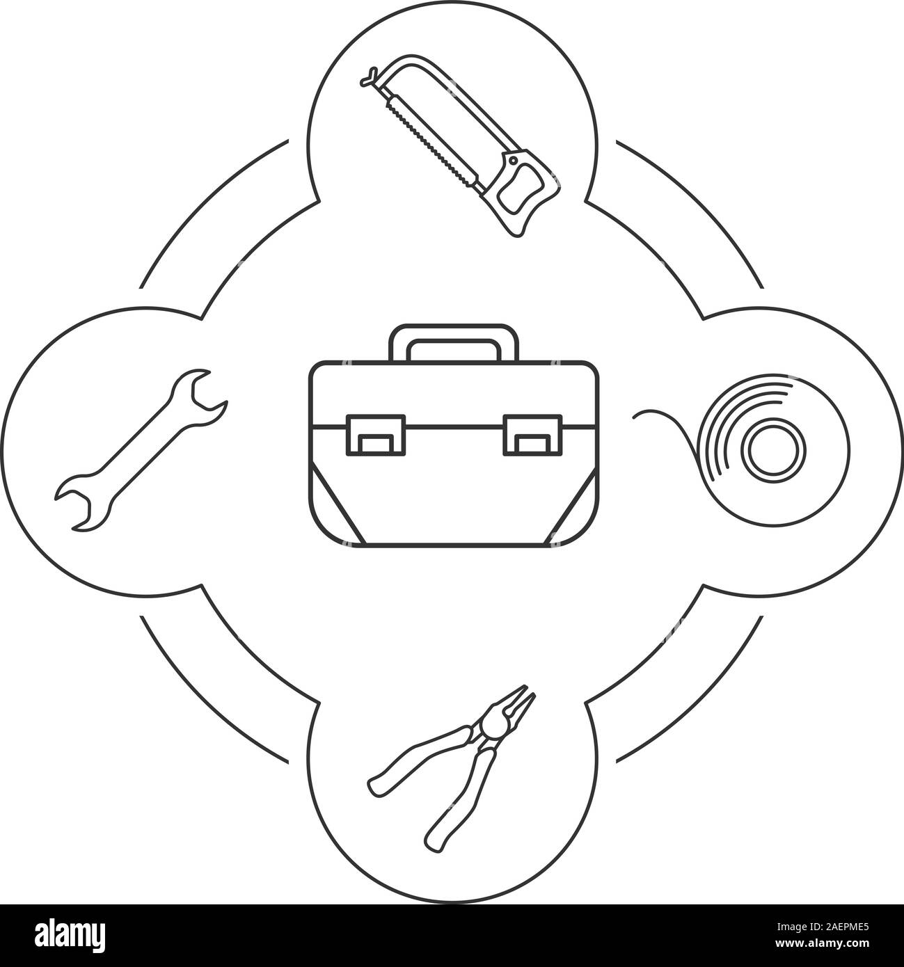 Contenuto della cassetta attrezzi lineare set di icone. Strumenti di costruzione. Seghetto, chiave, nastro isolante, pinze. Isolato illustrazioni vettoriali Illustrazione Vettoriale