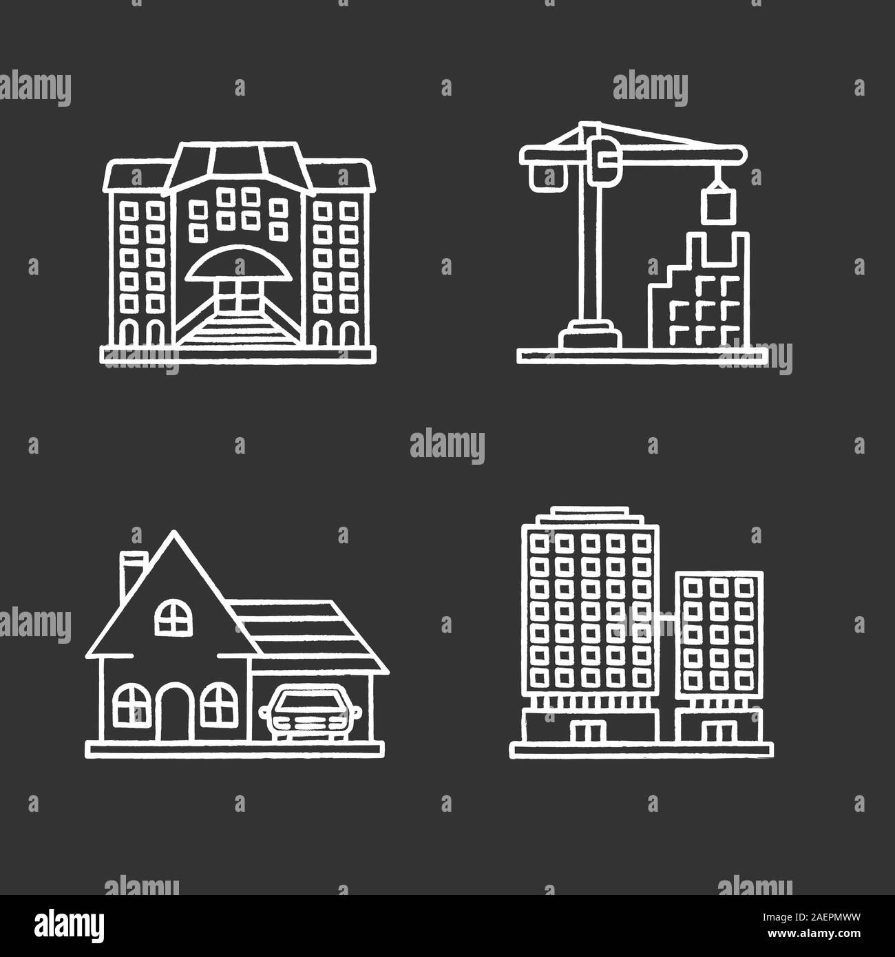 Gli edifici della città di chalk set di icone. Hotel, gru a torre, cottage, centro business. Vettore isolato illustrazioni della lavagna Illustrazione Vettoriale