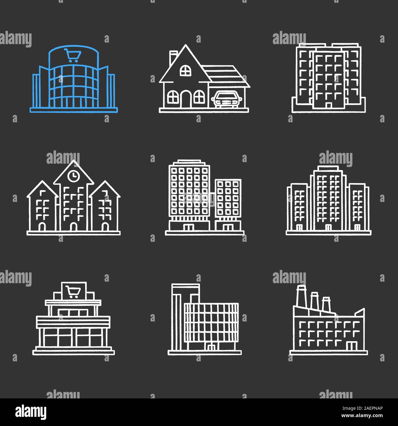 Gli edifici della città di chalk set di icone. Centri commerciali, centri commerciali, cottage, municipio, fabbrica industriali, edifici a più piani. Vettore isolato chal Illustrazione Vettoriale