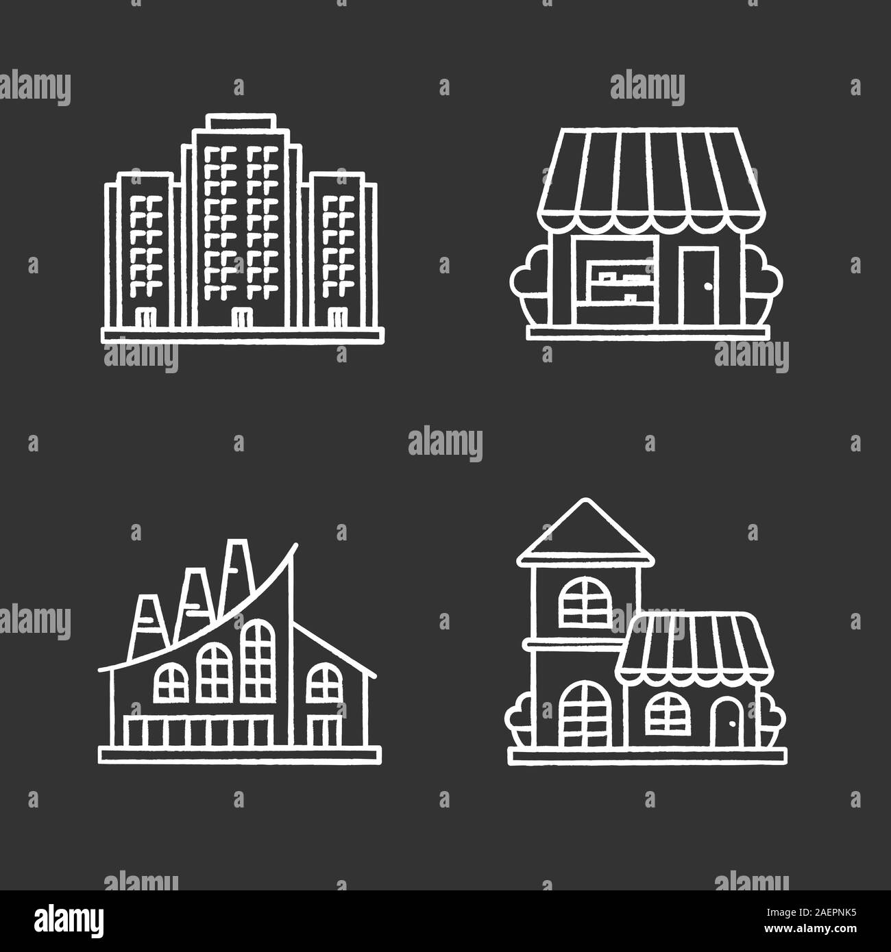 Gli edifici della città di chalk set di icone. Piccolo negozio cafe, fabbrica industriale, un edificio a più piani. Vettore isolato illustrazioni della lavagna Illustrazione Vettoriale