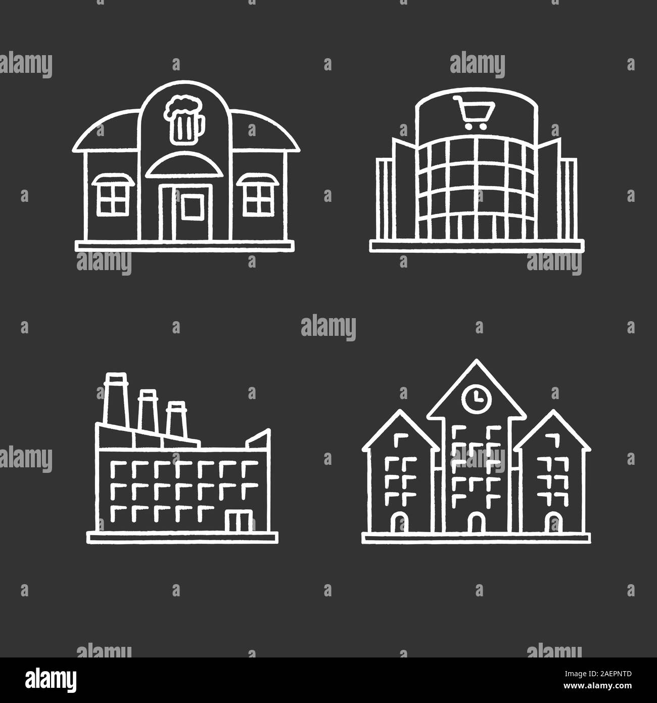 Gli edifici della città di chalk set di icone. Pub, shopping center, hotel, municipio. Vettore isolato illustrazioni della lavagna Illustrazione Vettoriale