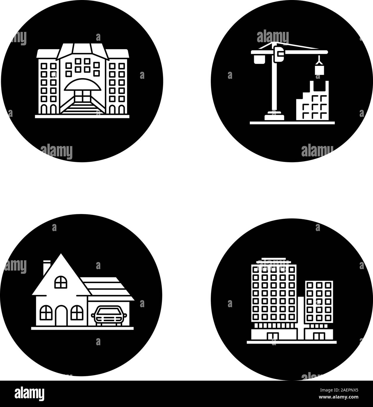 Gli edifici della città di glifi set di icone. Hotel, gru a torre, cottage, centro business. Vettore silhouette bianca illustrazioni di cerchi neri Illustrazione Vettoriale