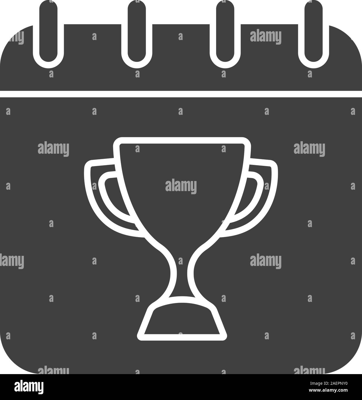 Giornata di gara glifo icona. Simbolo di Silhouette. Data del torneo. Pagina del calendario con il vincitore della Coppa del trofeo. Lo spazio negativo. Vettore illustrazione isolato Illustrazione Vettoriale