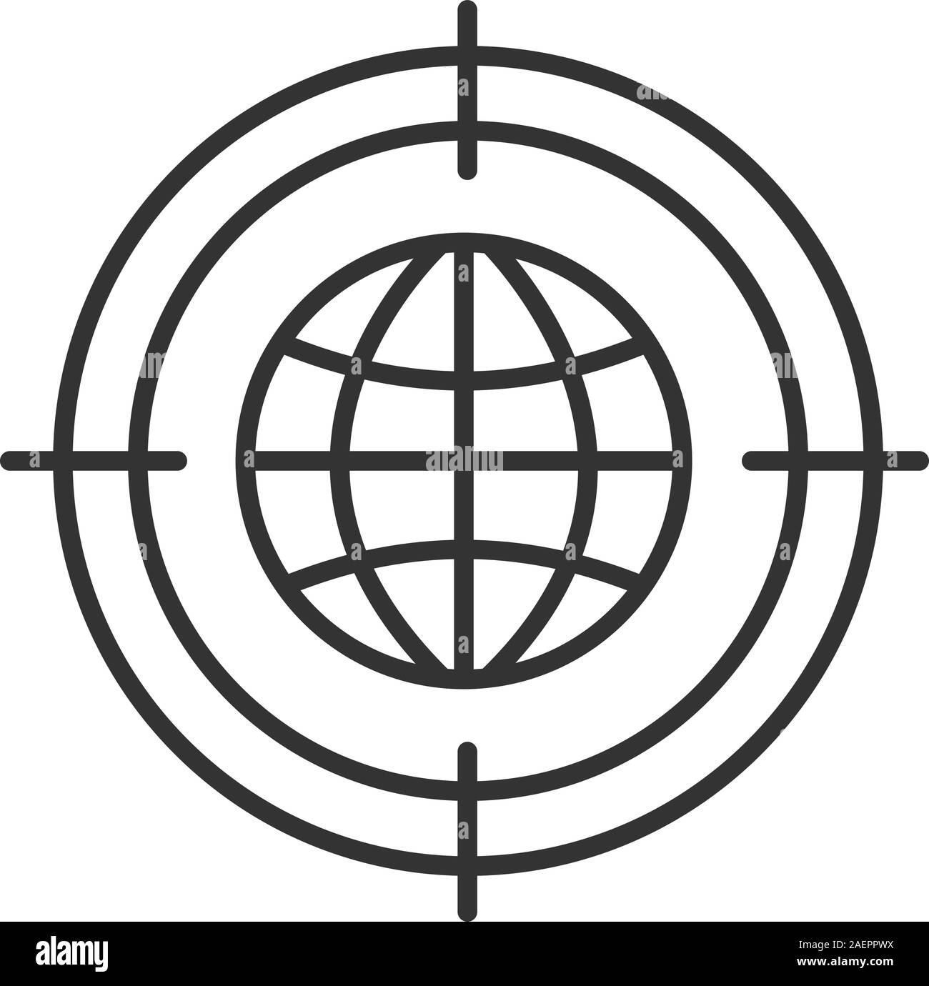 Ricerca world wide web icona lineare. Obiettivo sul mondo sottile linea illustrazione. Lo sviluppo del turismo obiettivo. Simbolo di contorno. Il vettore isolato disegno di contorno Illustrazione Vettoriale