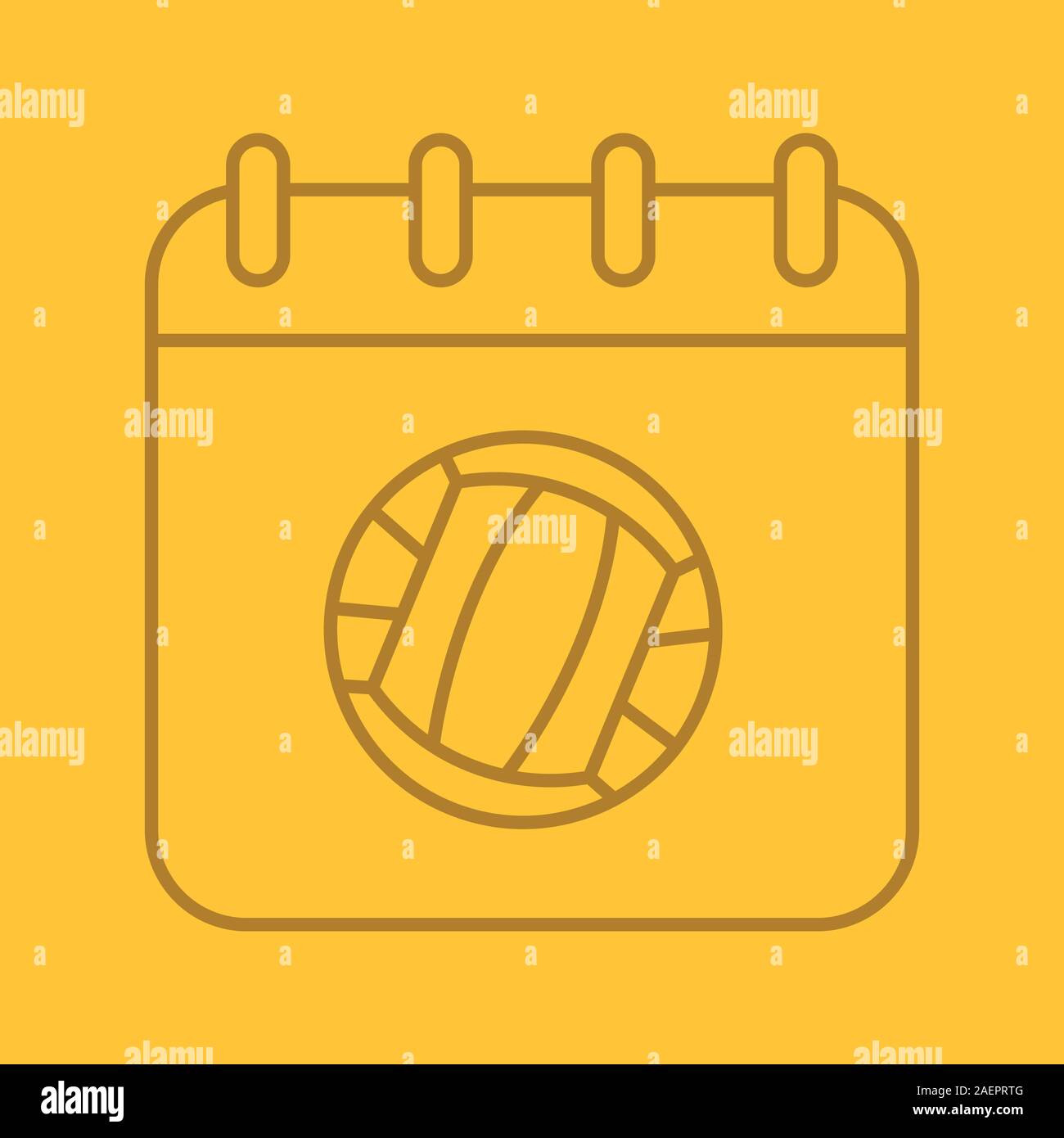 Campionato volley data icona lineare. Pagina del calendario con sfera di pallavolo. Linea sottile delineare i simboli sul colore di sfondo. Illustrazione Vettoriale Illustrazione Vettoriale