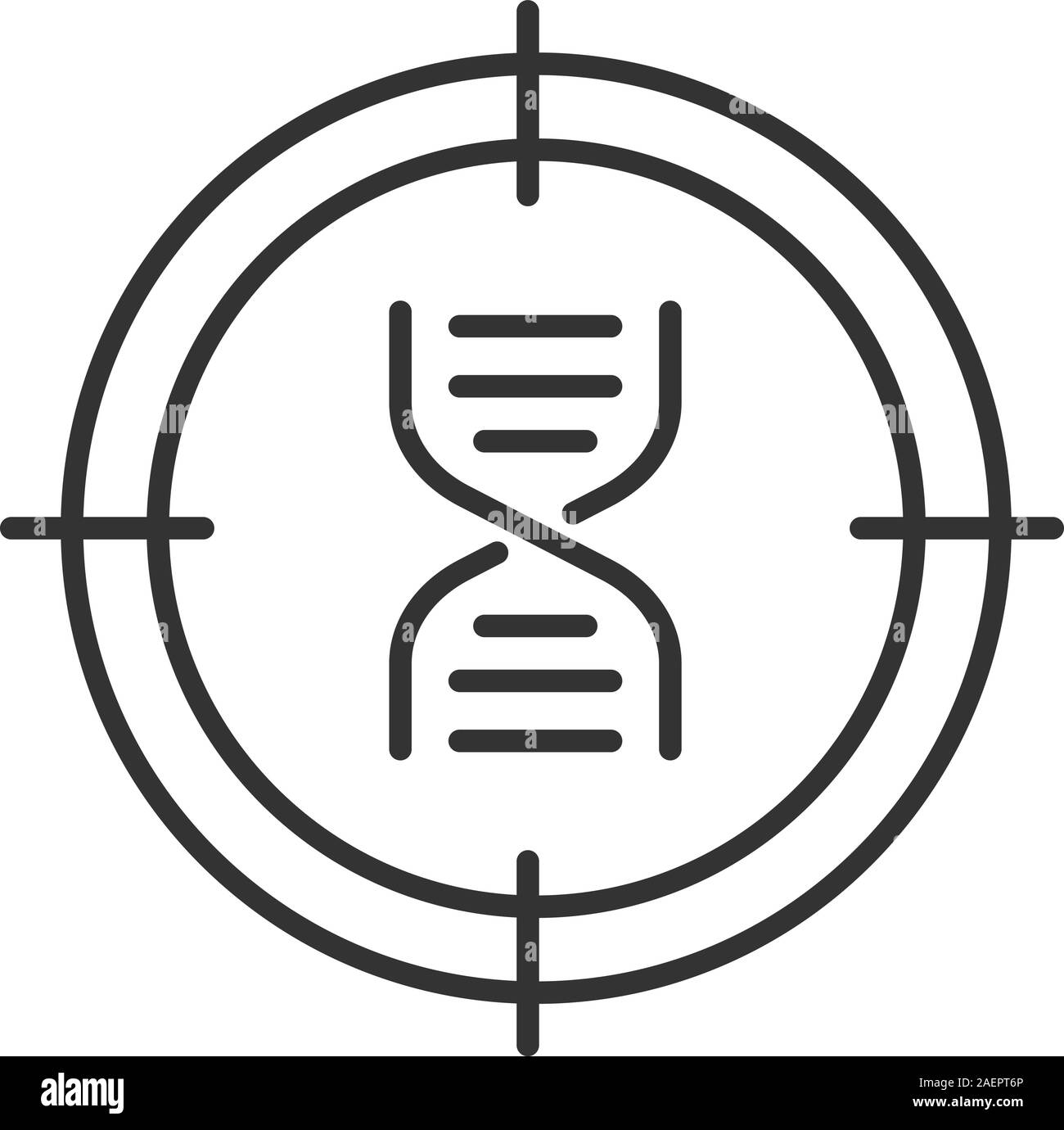 Scopo sulla catena di DNA icona lineare. Ricerca genomica sottile linea illustrazione. Il sequenziamento del DNA Simbolo di contorno. Il vettore isolato disegno di contorno Illustrazione Vettoriale