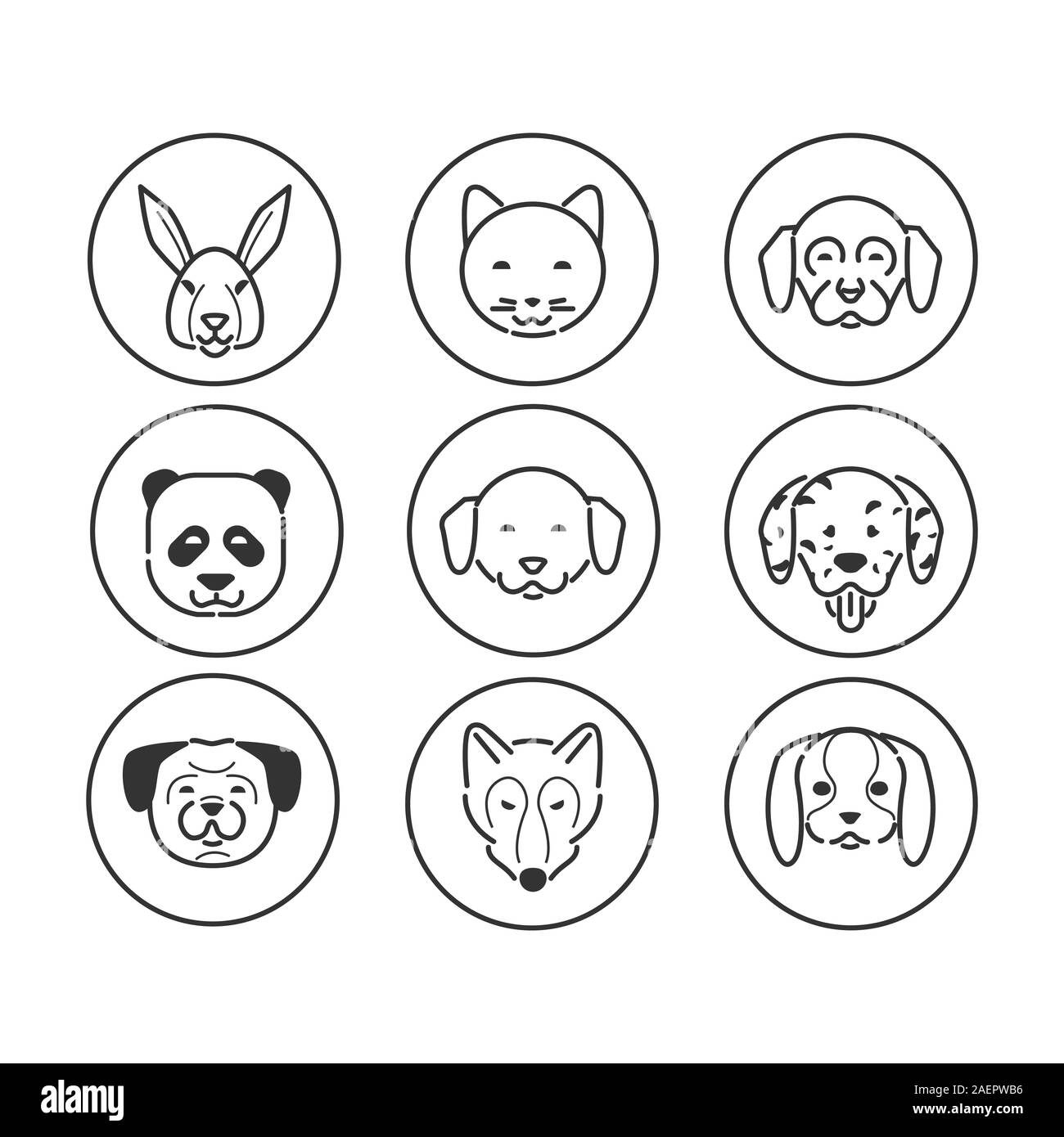 Insieme di testa di animali icone. Moderno design icone, mono colore simbolo. Contiene il coniglio, cani, gatti, fox, panda. linea del vettore pictocgram. Illustrazione Vettoriale
