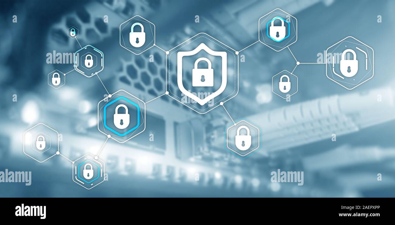 Cyber security protezione dei dati Protezione dei dati il concetto di privacy di offuscata sala server sfondo. Foto Stock