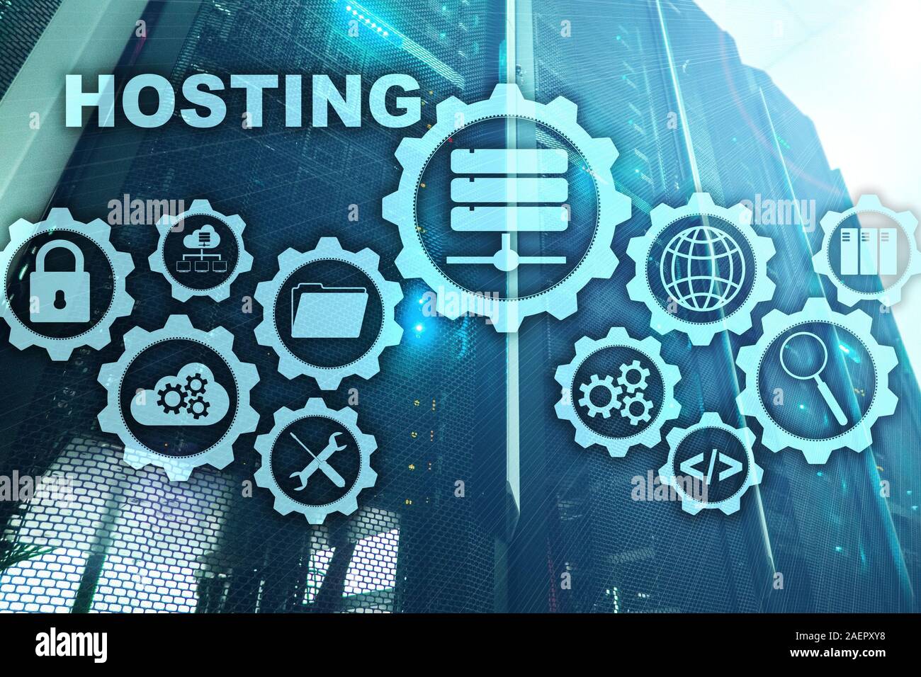 Web Hosting tecnologia Internet e il concetto di rete. Sulla sala server sfondo. Virtual schermo Foto Stock