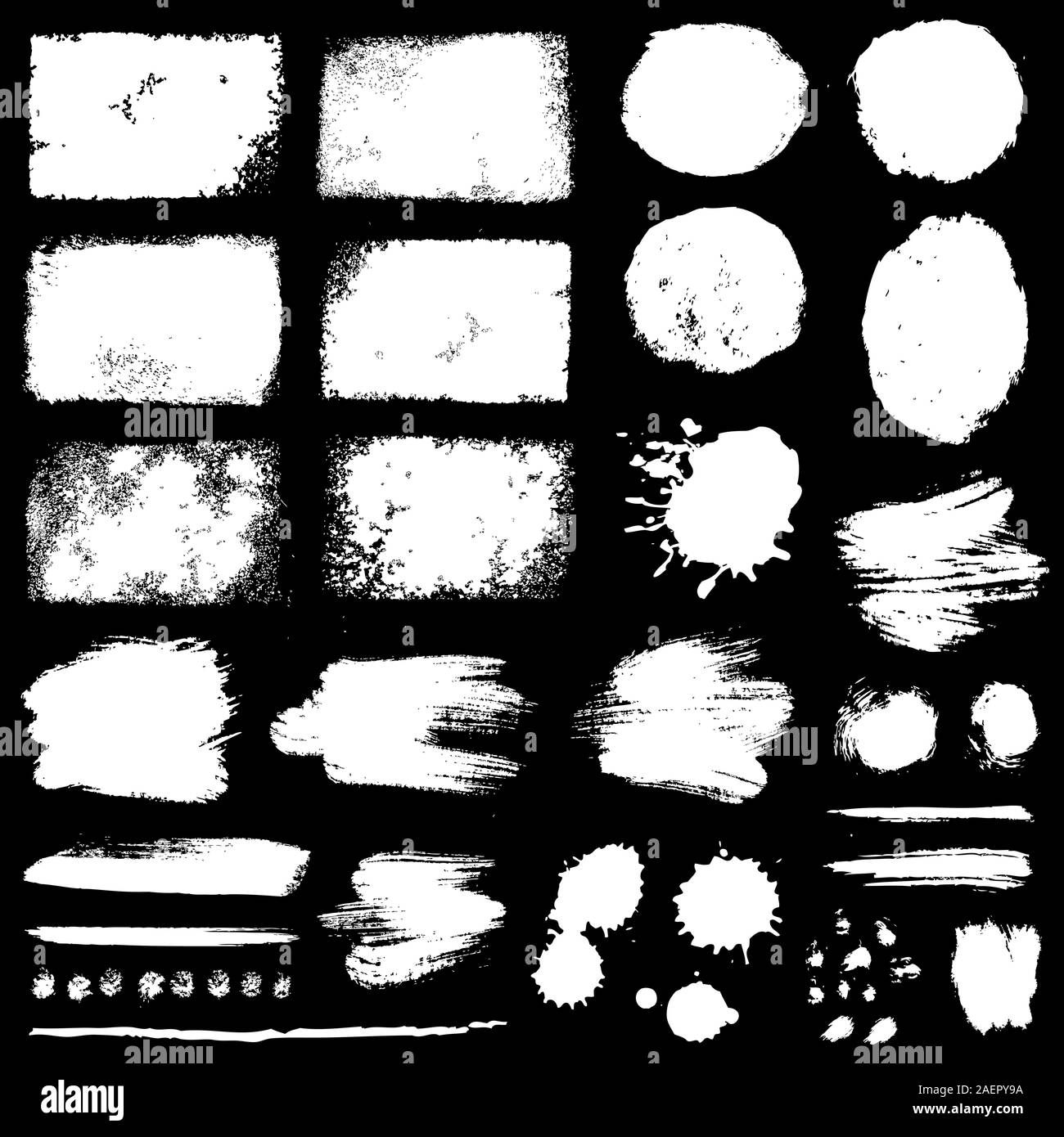 Pennellate, macchie grunge e macchie di inchiostro isolate su sfondo nero. Elementi di disegno vettoriali bianchi per texture, cornice, sfondo. Illustrazione Vettoriale