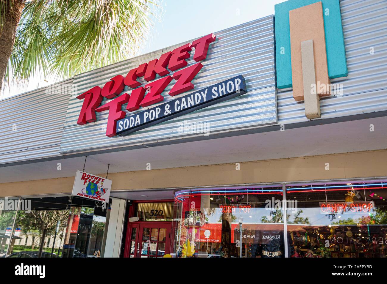 Orlando Winter Park Florida, Rocket Fizz Soda Pop & Candy Shop, negozio di dolciumi, retrò, nostalgia anni '60, tendenza vecchio stile, esterno, segnaletica, shopping, Foto Stock