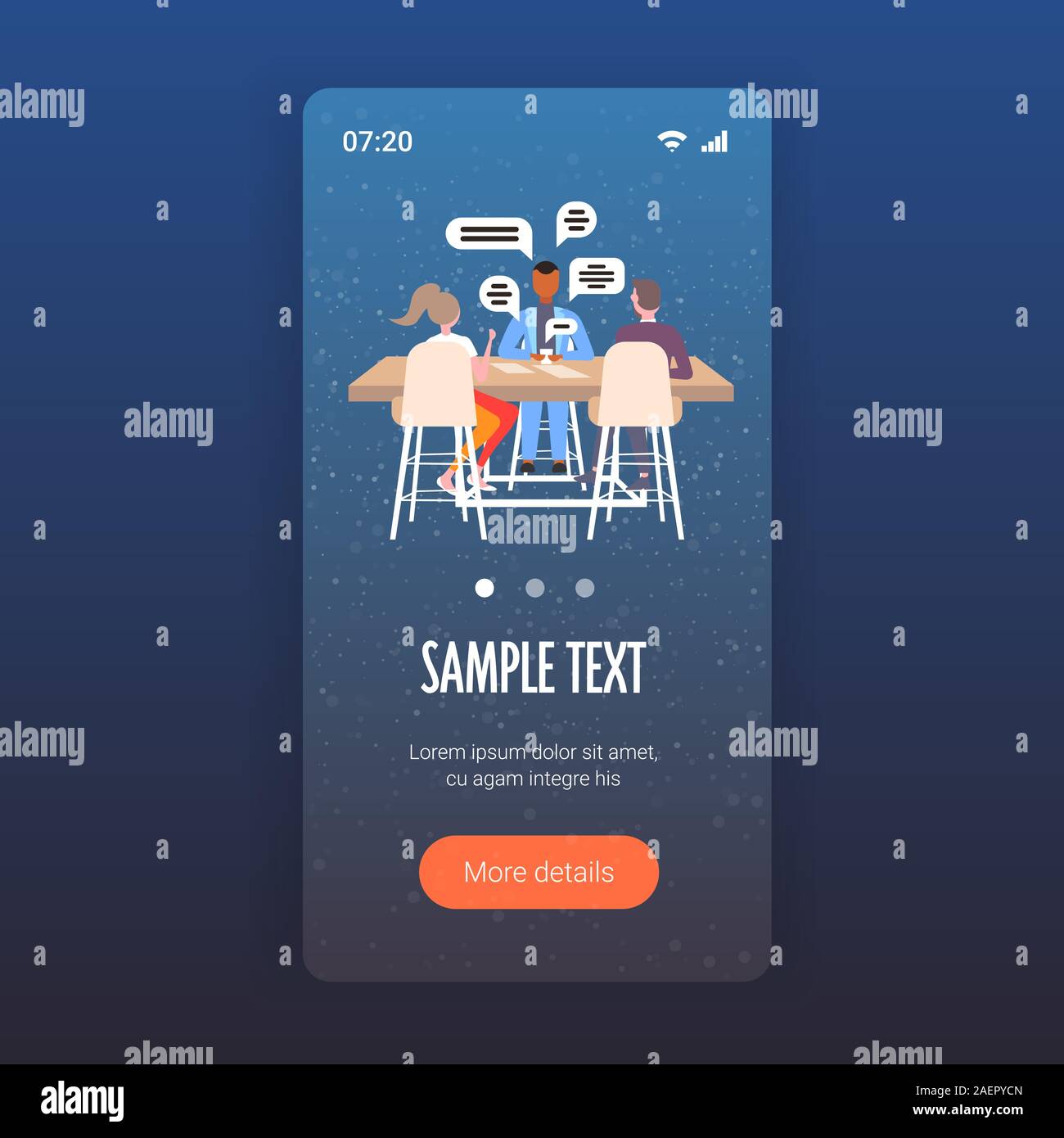 Gli imprenditori seduta a tavola in chat a discutere durante la pausa caffè social network chat bubble concetto di comunicazione imprenditori messaging lo schermo dello smartphone a lunghezza piena illustrazione vettoriale Illustrazione Vettoriale