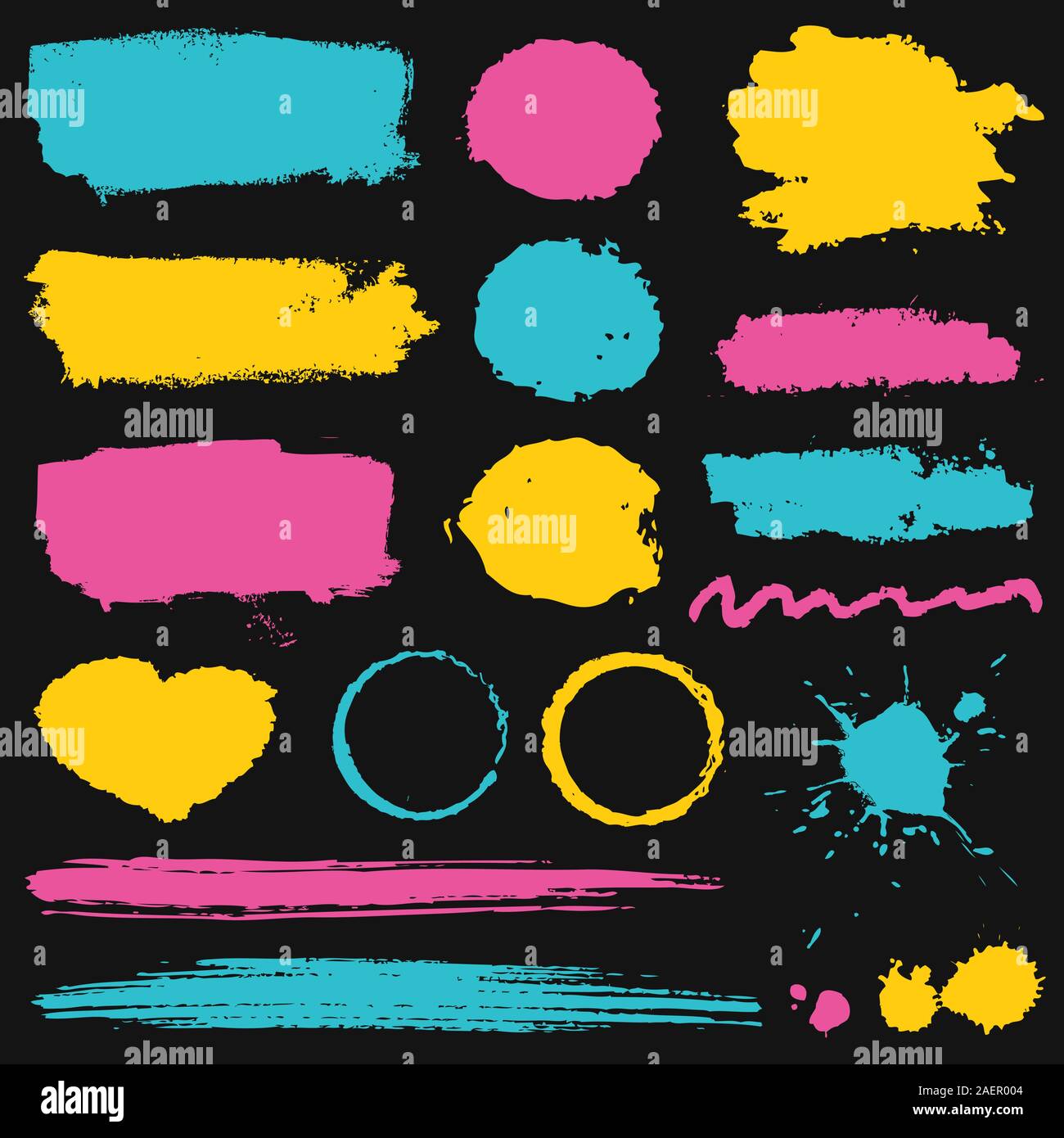 Macchie di grunge, pennellate di vernice e macchie di inchiostro isolate su sfondo nero. Elementi vettoriali colorati per texture di pennelli, cornice. Illustrazione Vettoriale