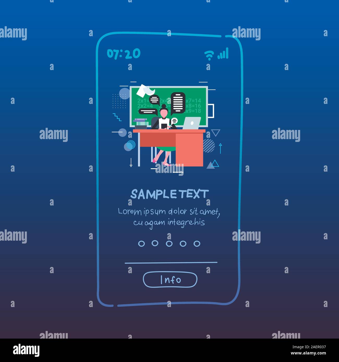 Insegnante utilizzando chat mobile app social network chat bubble concetto di comunicazione donna seduta alla scrivania in aula per tutta la lunghezza dello schermo dello smartphone spazio copia illustrazione vettoriale Illustrazione Vettoriale