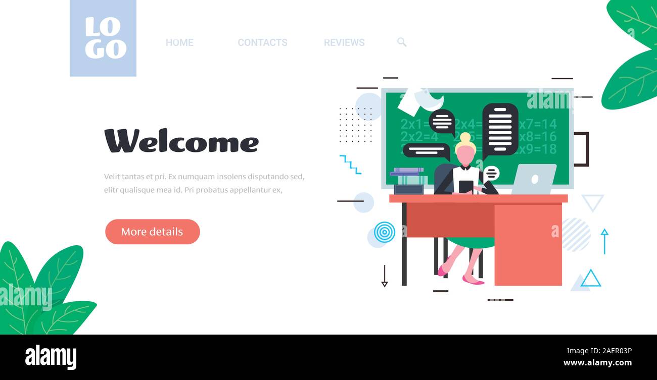 Insegnante utilizzando chat mobile app social network chat bubble concetto di comunicazione donna seduta alla scrivania in aula per tutta la lunghezza orizzontale spazio copia illustrazione vettoriale Illustrazione Vettoriale