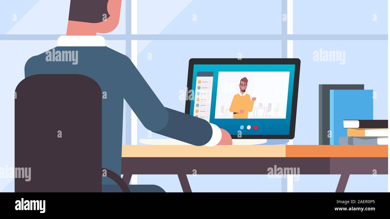 Uomo d affari con computer portatile al lavoro video chiamata con il collega di sesso maschile della rete sociale il concetto di comunicazione online computer applicazione orizzontale vista posteriore ritratto illustrazione vettoriale Illustrazione Vettoriale