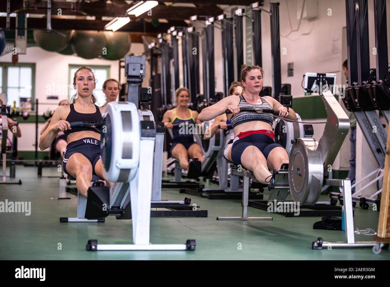 Donna barca blu Cambridge boat race team treno all'interno della palestra a Cambridge University Boat Club, Goldie Boathouse, Cambridge, Inghilterra Foto Stock