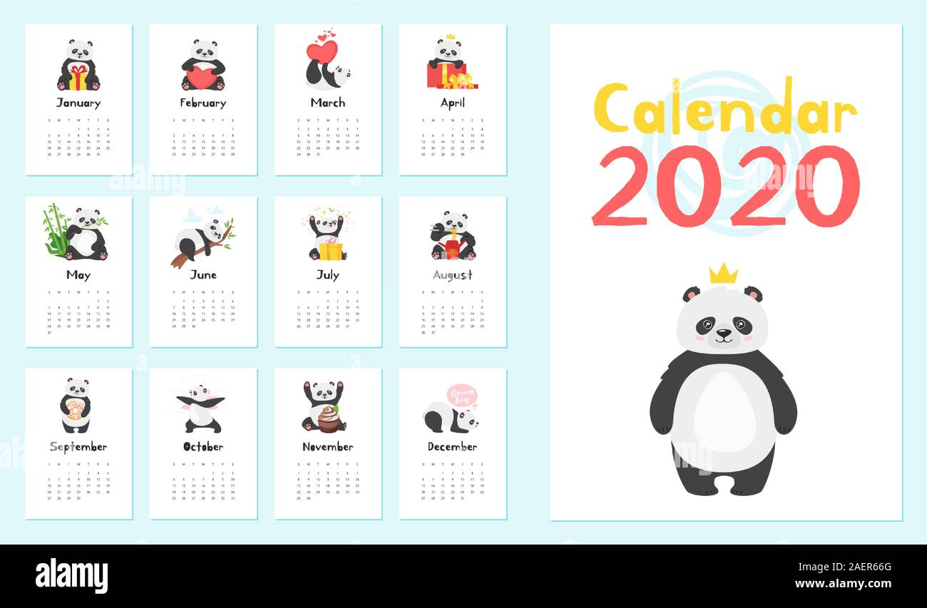 Panda calendario i modelli vettoriali set. Carino asian recare illustrazioni raccolta. I nuovi e creativi 2020 articolo di cancelleria. Natale pagine organizer pack, Illustrazione Vettoriale