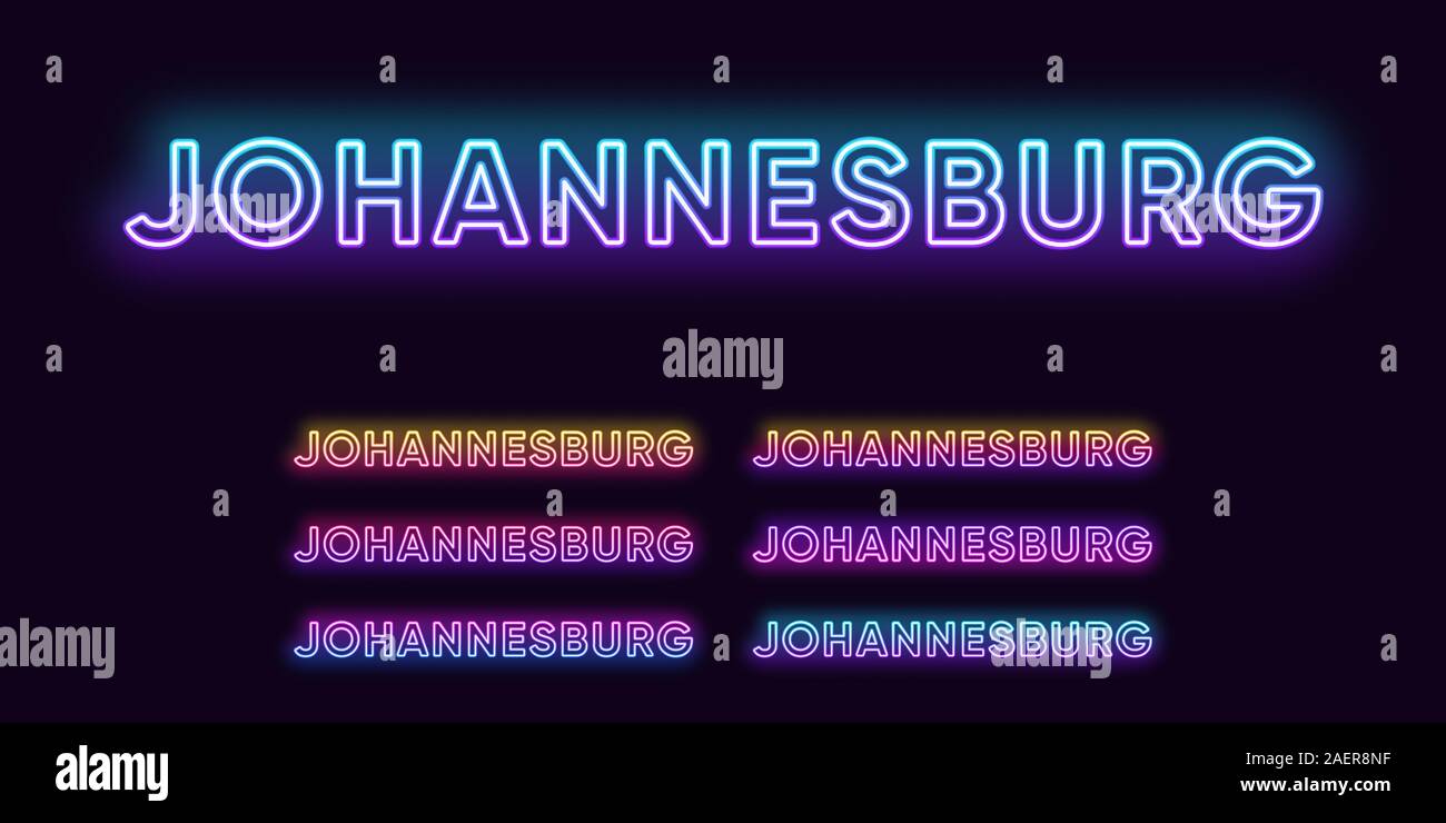 Neon nome di Johannesburg, città in Sud Africa. Testo al neon della città di Johannesburg. Set di vettore di incandescente in primo piano con retroilluminazione trasparente. Luminose Gradi Illustrazione Vettoriale