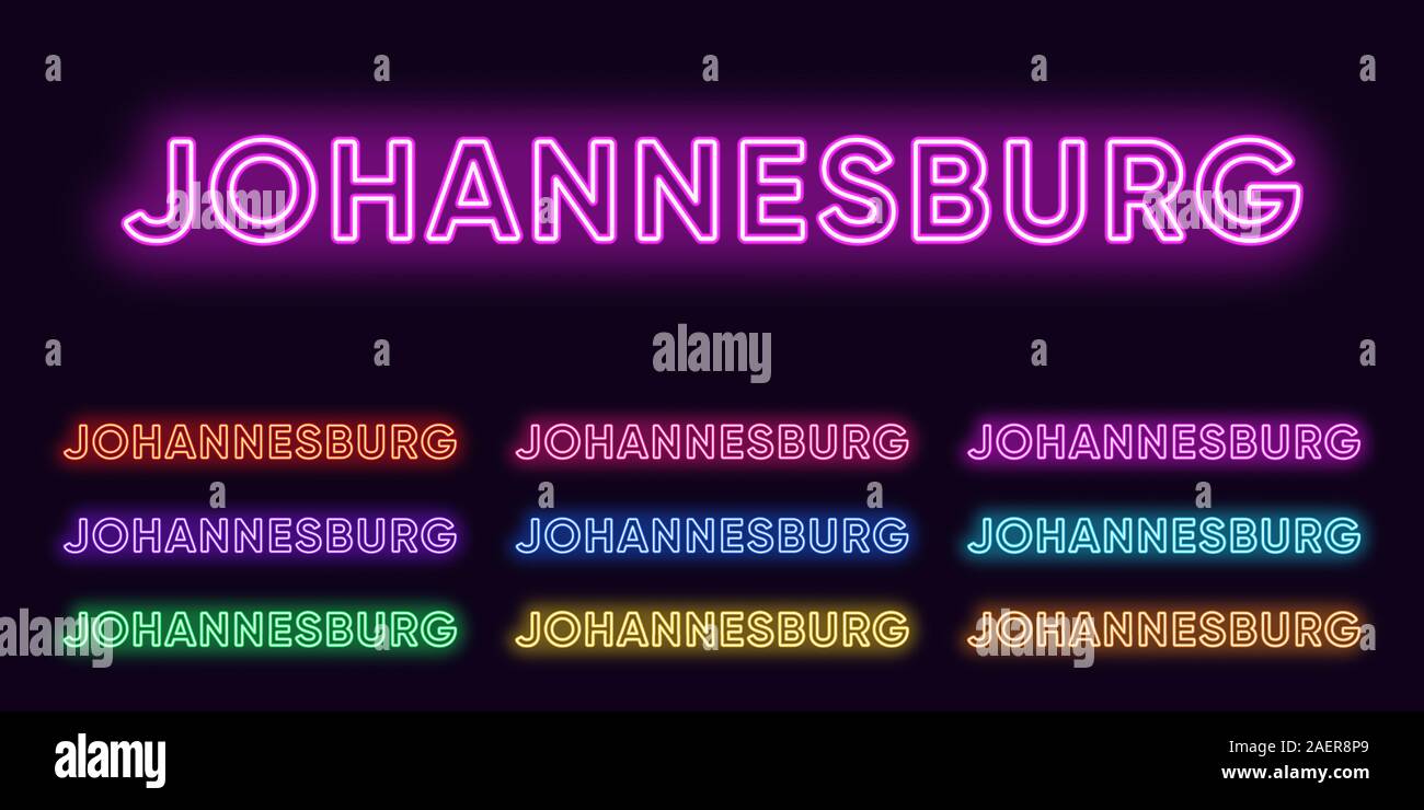 Neon nome di Johannesburg, città in Sud Africa. Testo al neon della città di Johannesburg. Set di vettore di incandescente in primo piano con retroilluminazione trasparente. Rosa Rossa pur Illustrazione Vettoriale