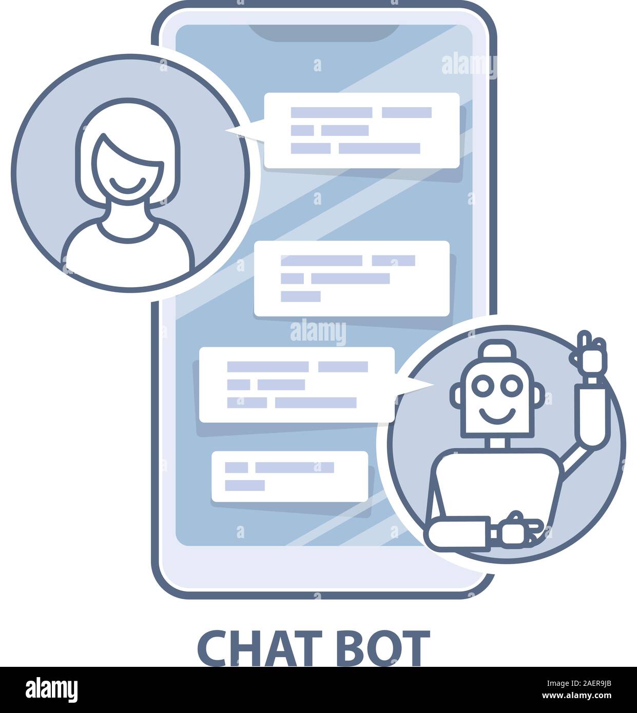Chatbot helper - chattare con robot assistente virtuale inviando un messaggio sullo smartphone Illustrazione Vettoriale