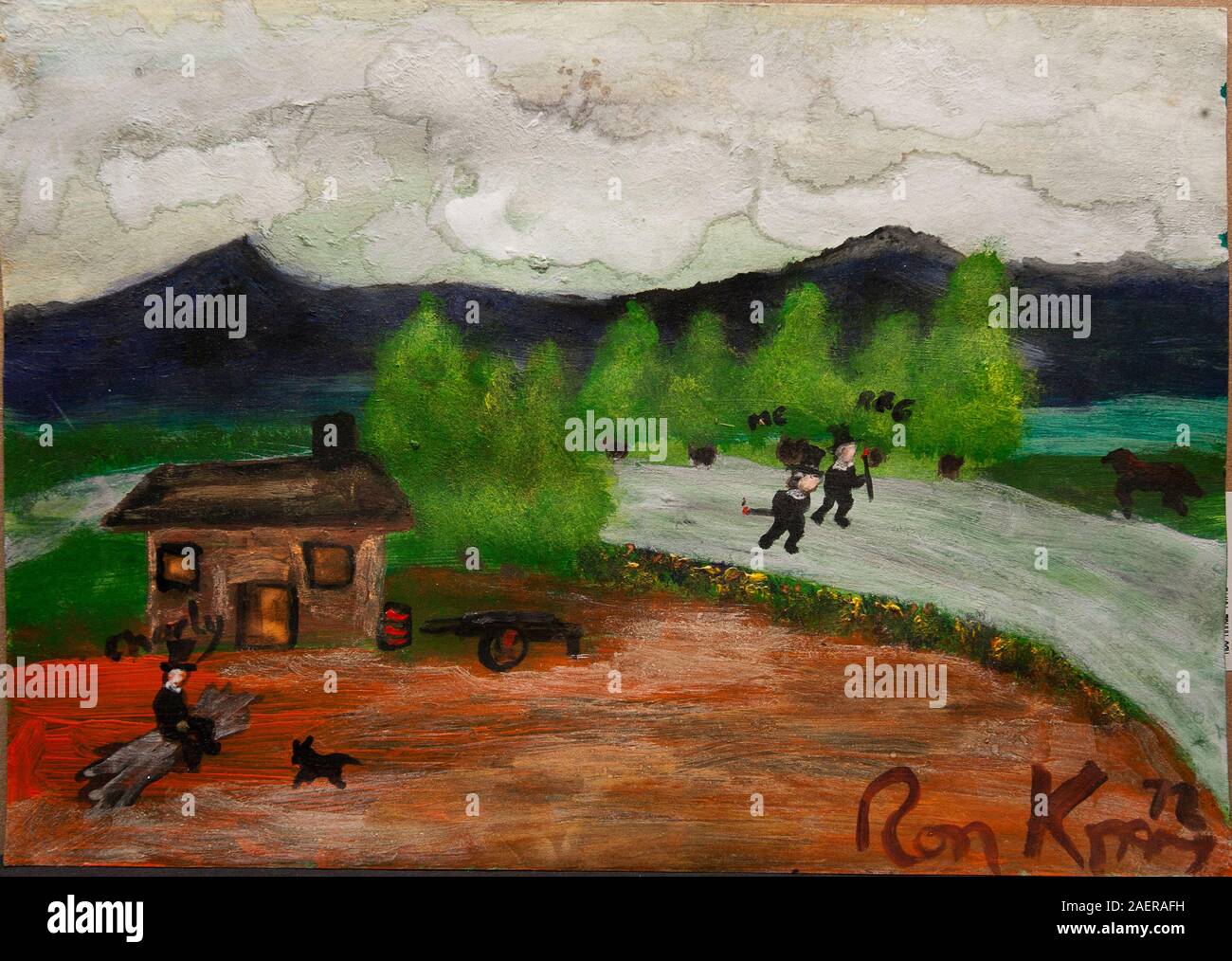 Illustrazioni e dipinti di Ronnie e Reggie Kray aka il Kray Twins dipinto mentre erano in prigione e schizzi e scrittura sulla retromarcia, che erano stati venduti all'asta su Ewbank la casa d'aste in Surrey. Foto Stock