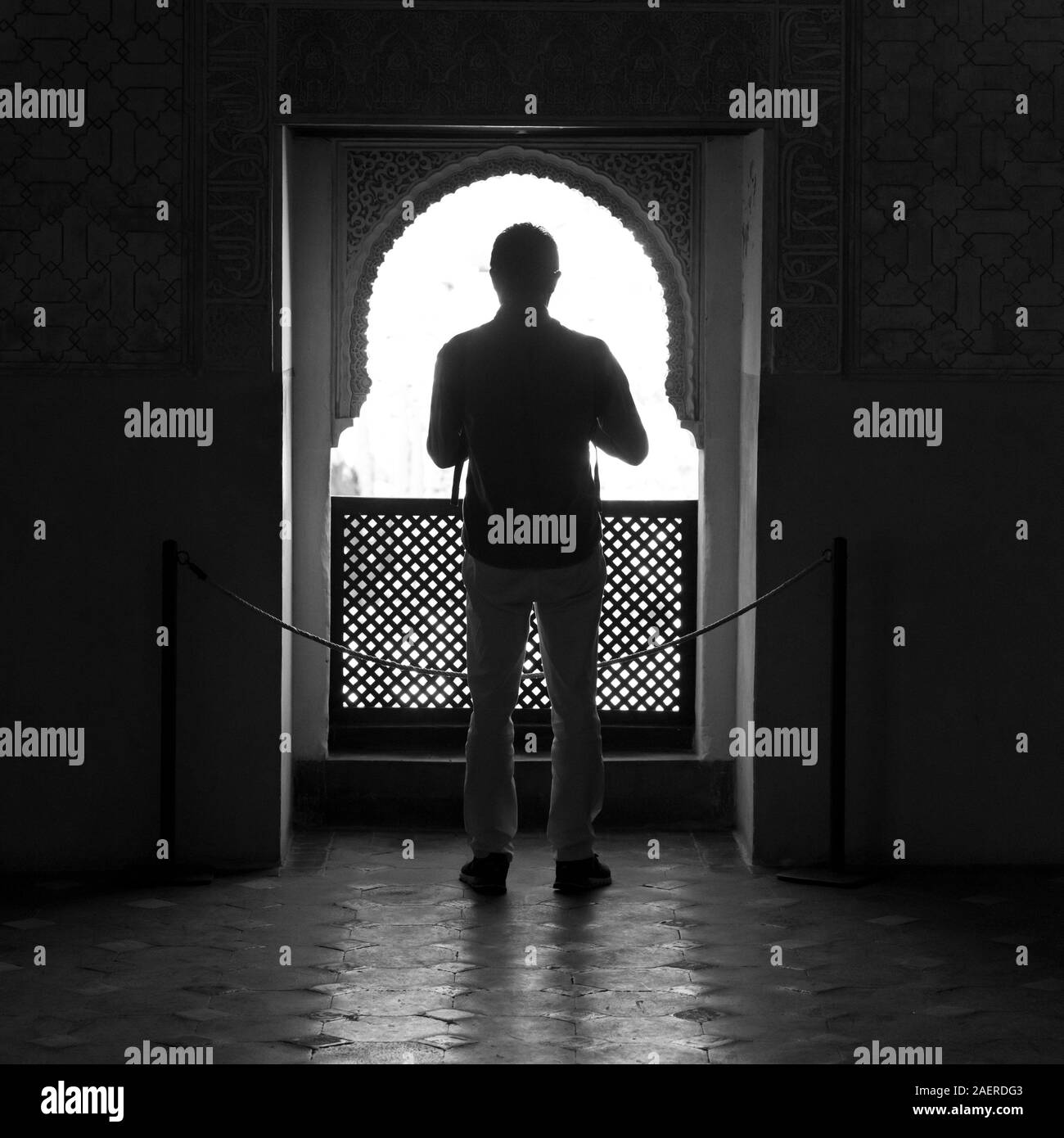 Silhouette di turista a fotografare palazzi Nasrid, Alhambra di Granada, Spagna Foto Stock