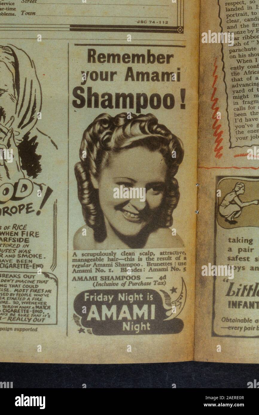 Un annuncio per Amami shampoo nella rivista 'Woman's Illustrated' (17 giu 44): Un pezzo di seconda guerra mondiale di memorabilia replica da 1940s Gran Bretagna. Foto Stock