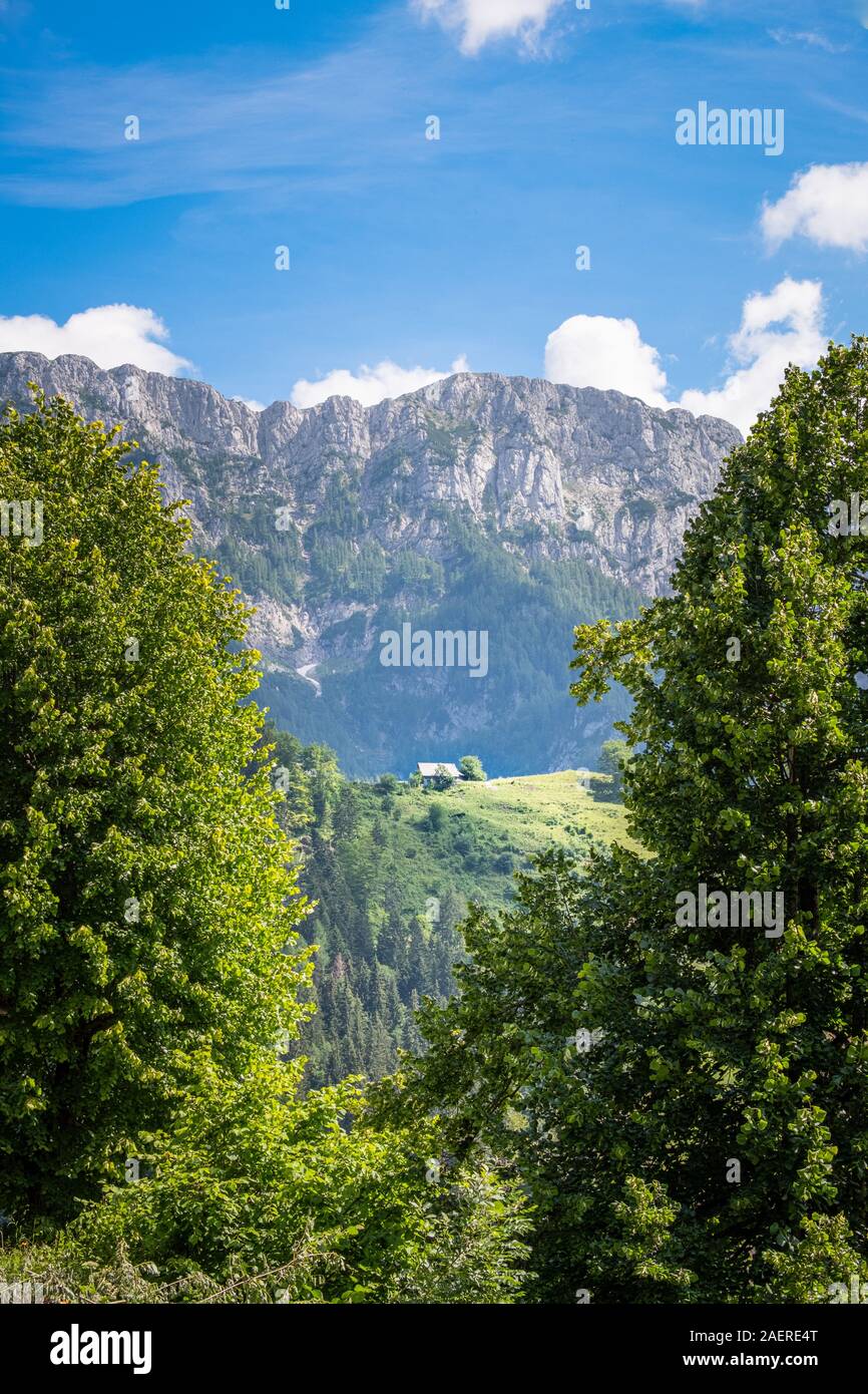Vista da sopra Podolševa minuscola capanna su una verde collina di monte Raduha in Slovenia Foto Stock