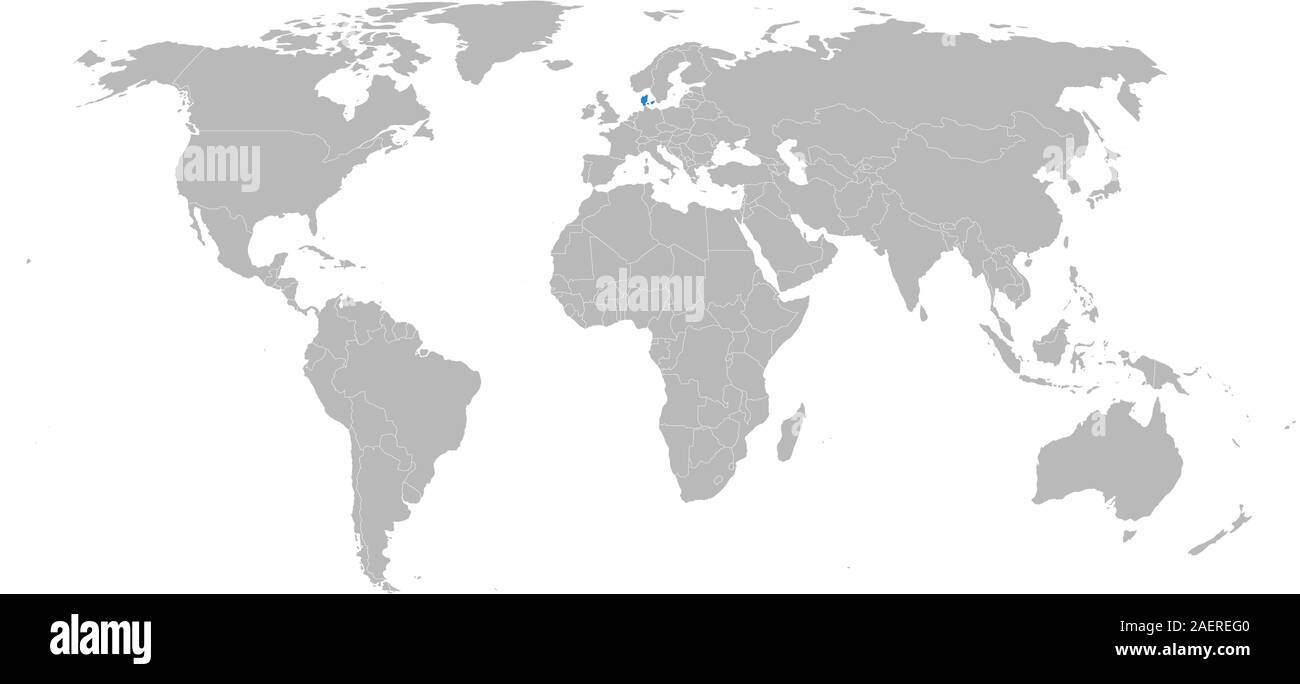 Paese europeo Danimarca evidenziate in blu sulla mappa del mondo vettore. Sfondo grigio. Illustrazione Vettoriale