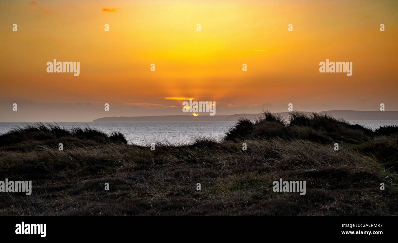 Tramonto sulla scogliera a testa Hengistbury, Bournemouth con le alte erbe piegamenti dal 65mph venti Foto Stock