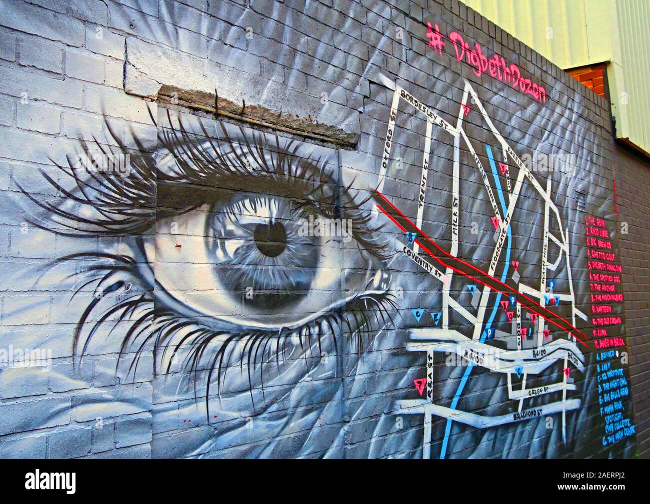 Digbeth dozzina, Deep Eye, Graffiti Street art urbana, in Bloodgate St, Digbeth, Bordesley & Highgate, Birmingham, West Midlands, Inghilterra, Regno Unito, B5 5ST Foto Stock