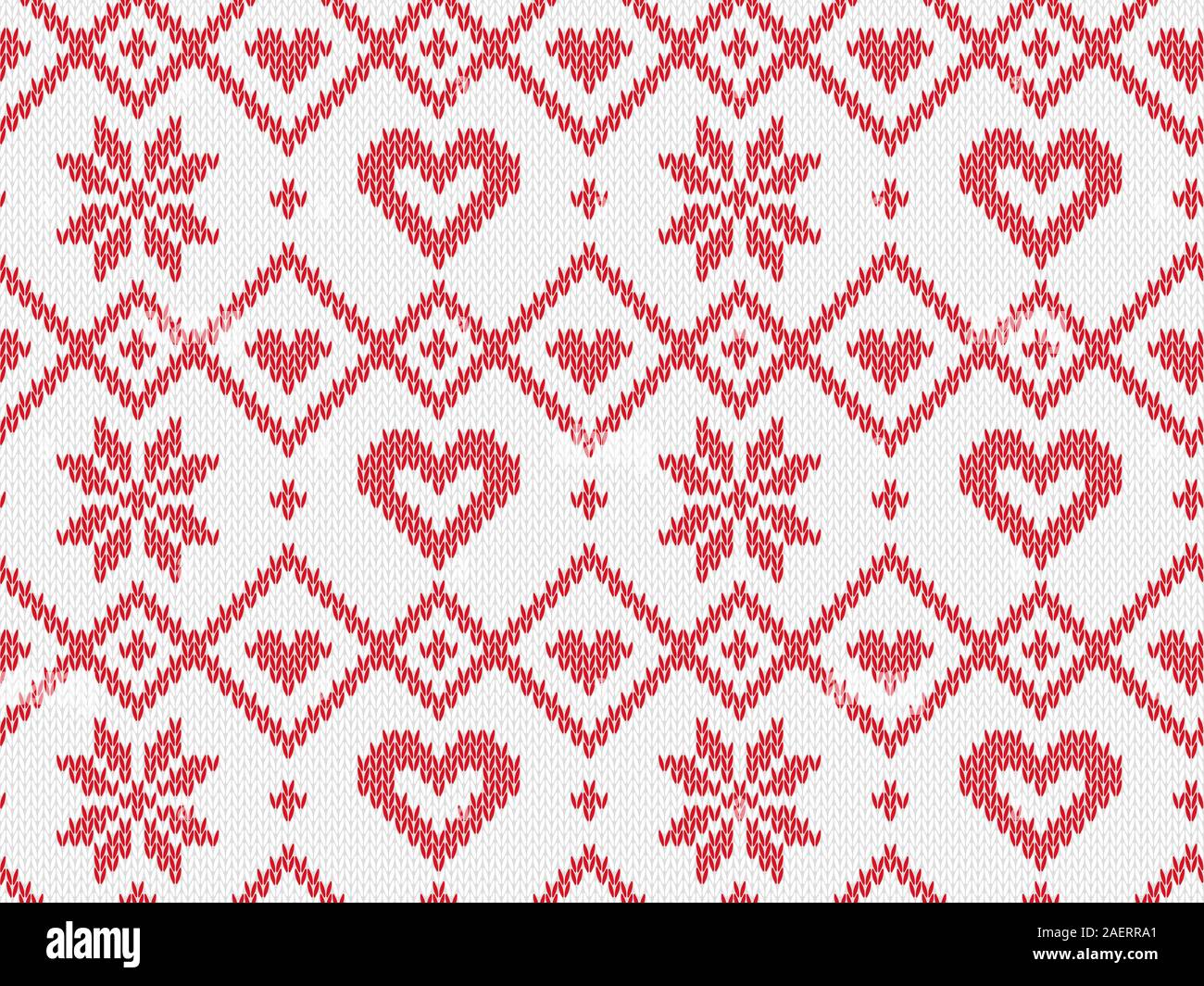 Vacanza invernale a maglia senza cuciture pattern. Sfondo vettoriale per buon Natale e Felice nuovo Yeary. Maglia di lana maglione design con cuore e snowfl Illustrazione Vettoriale