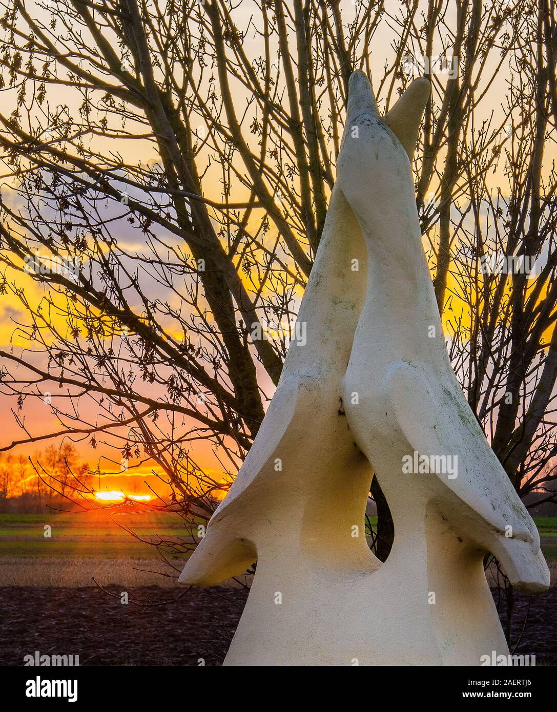 Maison de la baie de Somme et de l'oiseau, monumento en pierre représentant des oiseaux, au soleil couchant, hauts de france, picardie Maritime. Foto Stock