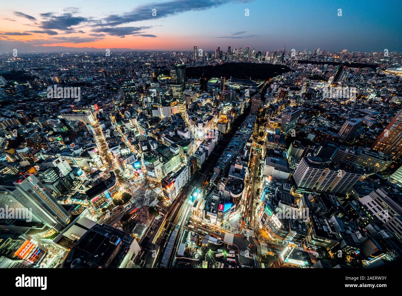 Tokyo, Giappone - 5 Nov 2019: Shibuya scramble cityscape di attraversamento del paesaggio, auto trasporti traffico e affollate di persone a piedi. Elevato angolo di visione Foto Stock