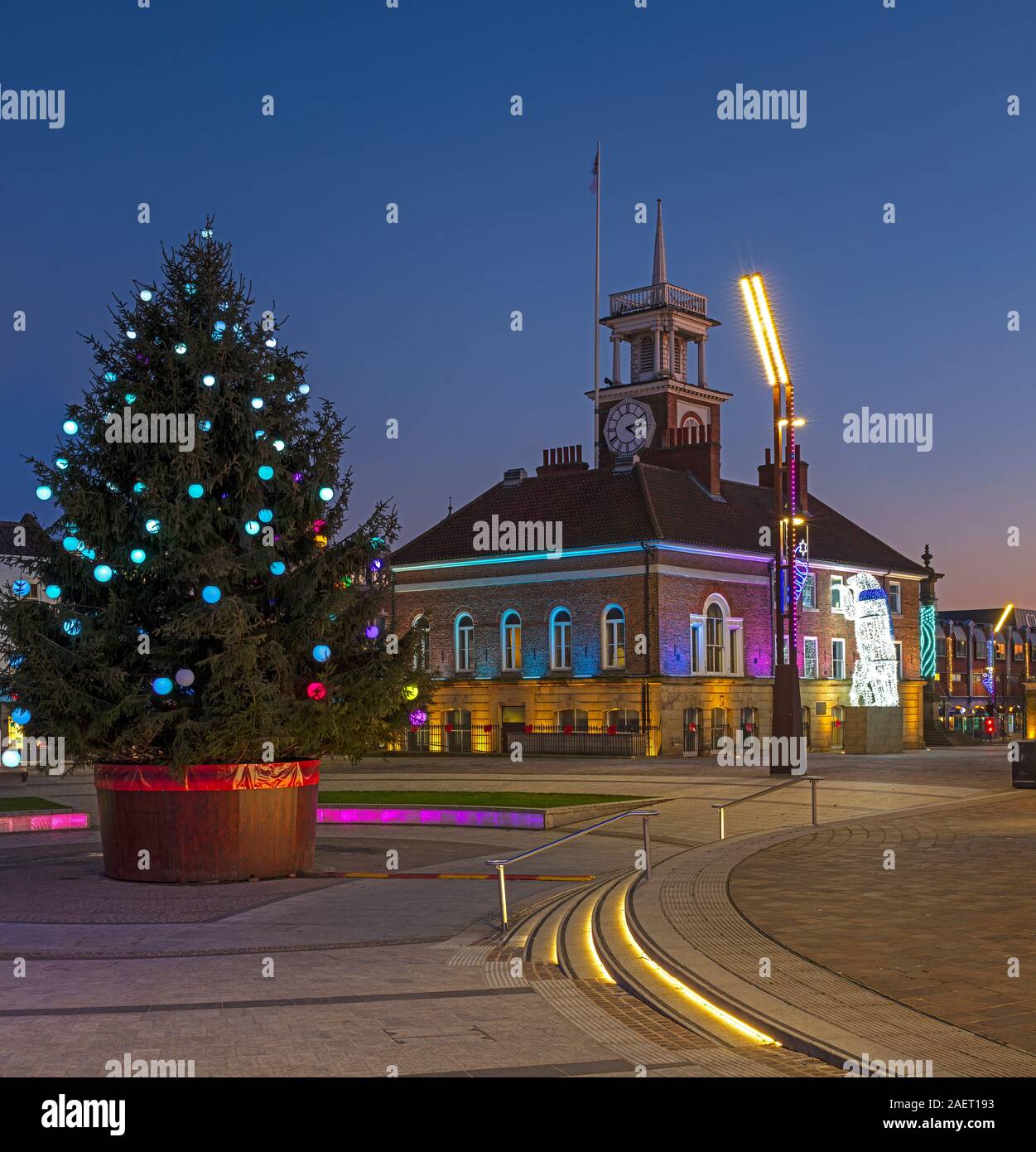 Le luci di Natale al crepuscolo in Stockton-on-Tees, Stockton on Tees, England, Regno Unito Foto Stock